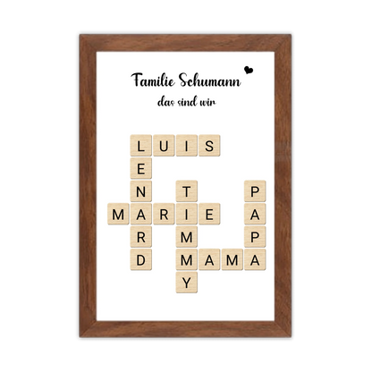 Geschenk Familie - Personalisiertes Scrabble Bild Geschenk mit Namen Gerahmtes Poster Walnussflair Walnussflair