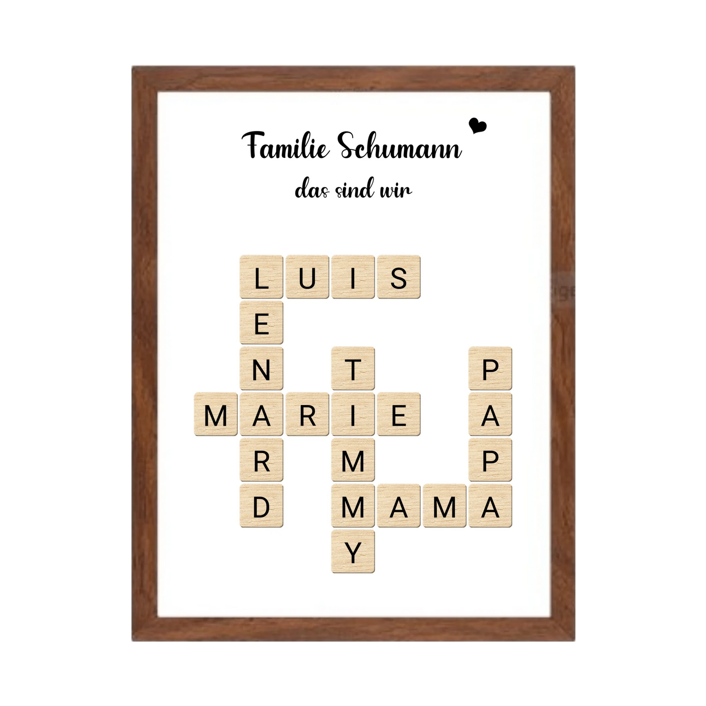 Geschenk Familie - Personalisiertes Scrabble Bild Geschenk mit Namen Gerahmtes Poster Walnussflair Walnussflair