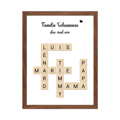 Geschenk Familie - Personalisiertes Scrabble Bild Geschenk mit Namen Gerahmtes Poster Walnussflair Walnussflair