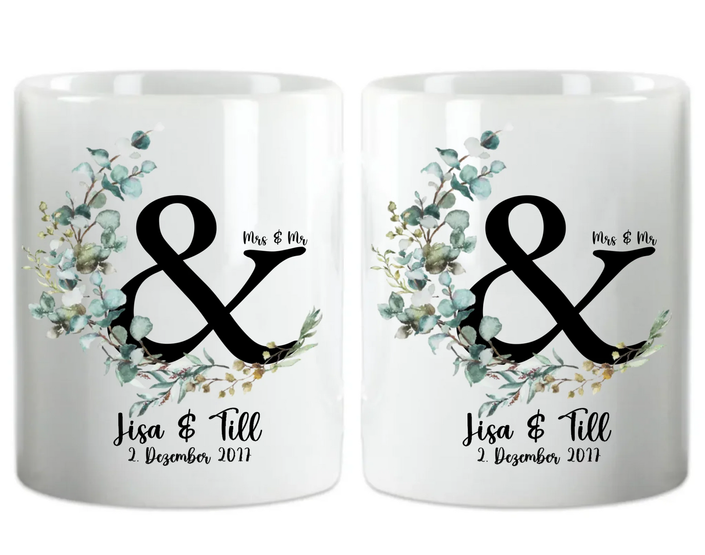 Personalisierte Hochzeitstasse Hochzeitsgeschenk Kranz Brautpaar, Kaffeebecher - Geschenk Hochzeit Keramiktasse 330 ml Mug Classic - Panorama