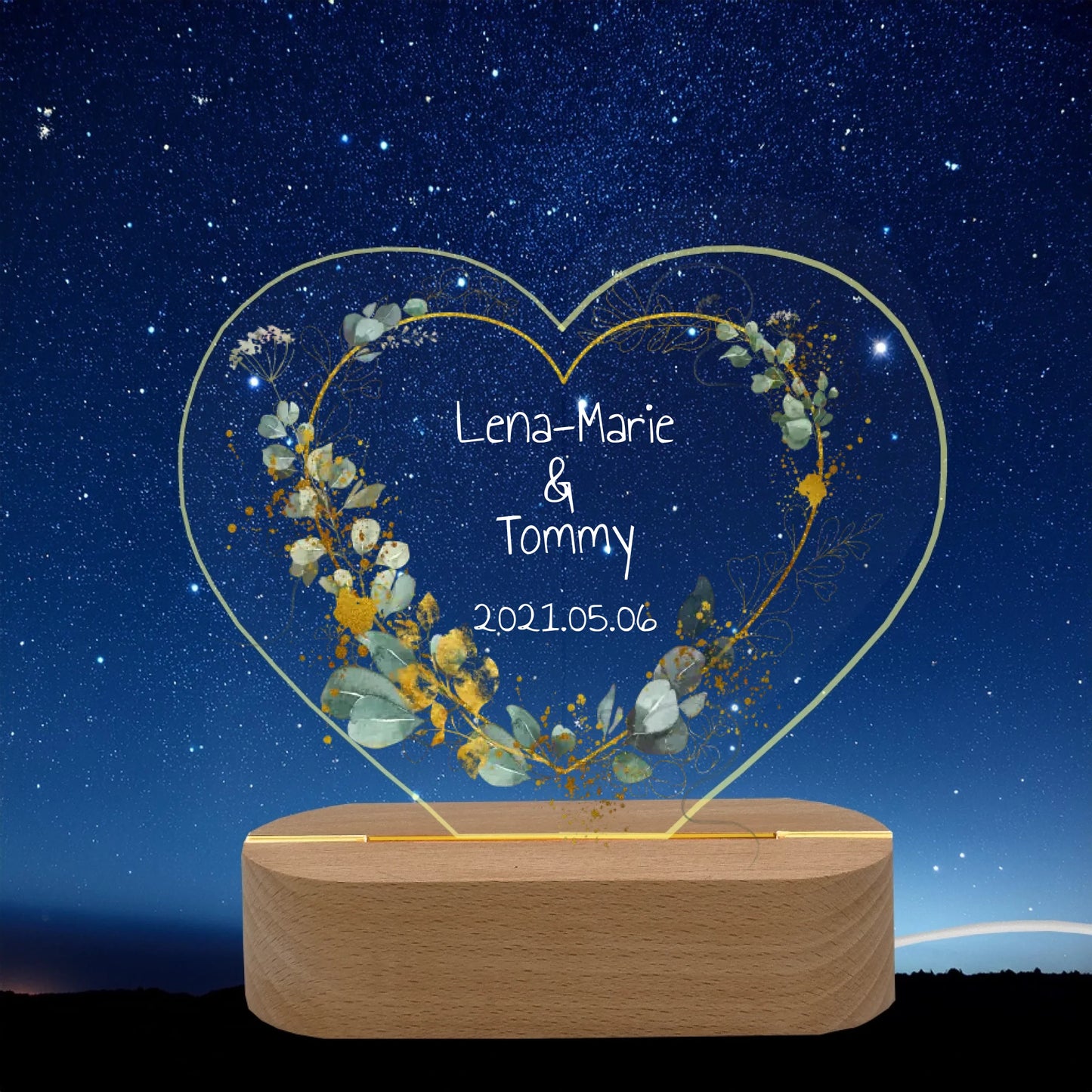 Personalisiertes Geschenk für das Brautpaar zur Hochzeit - LED Deko Licht mit Namen & Datum LED-Nachtlicht Landscape Transparent