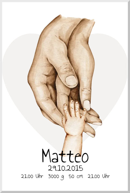 Personalisierte Geburtsanzeige | Hände Poster | Bild Familie | Kindername | personalisiertes Familiengeschenk | Geburtsdaten Leinwanddruck Leinwandbild
