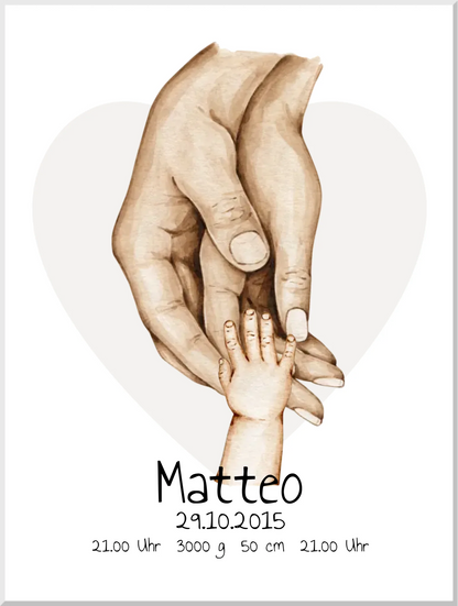 Personalisierte Geburtsanzeige | Hände Poster | Bild Familie | Kindername | personalisiertes Familiengeschenk | Geburtsdaten Leinwanddruck Leinwandbild