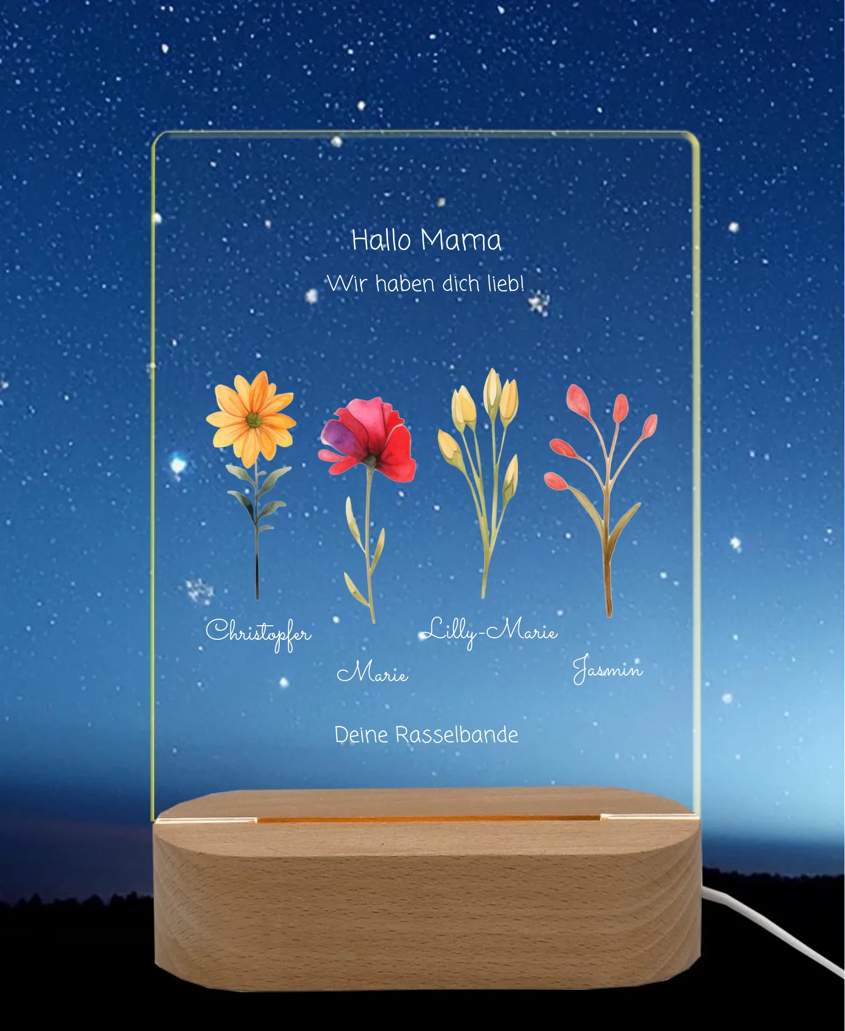 Individuelles LED-Dekolicht "Mamas/Omas Garten" personalisiert mit Blumen und Kindernamen - für Mama, Ehefrau & Oma LED-Nachtlicht für Erwachsene & Kinder rechteckig Transparent