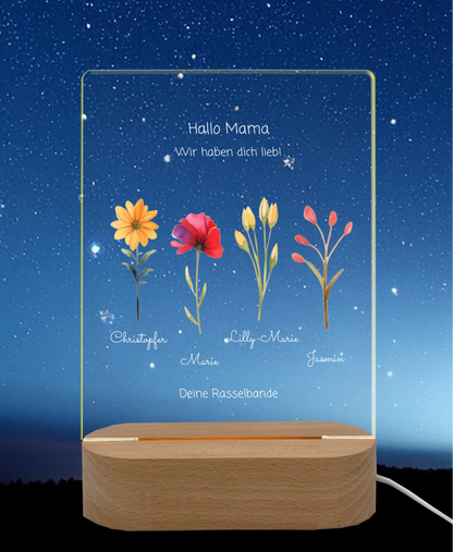 Individuelles LED-Dekolicht "Mamas/Omas Garten" personalisiert mit Blumen und Kindernamen - für Mama, Ehefrau & Oma LED-Nachtlicht für Erwachsene & Kinder rechteckig Transparent