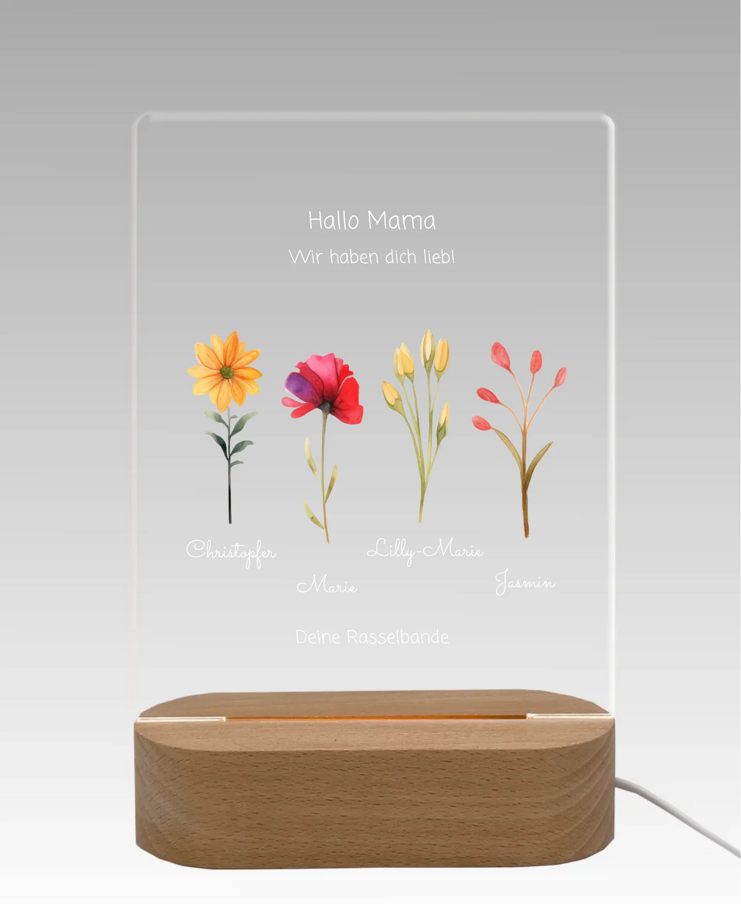 Individuelles LED-Dekolicht "Mamas/Omas Garten" personalisiert mit Blumen und Kindernamen - für Mama, Ehefrau & Oma