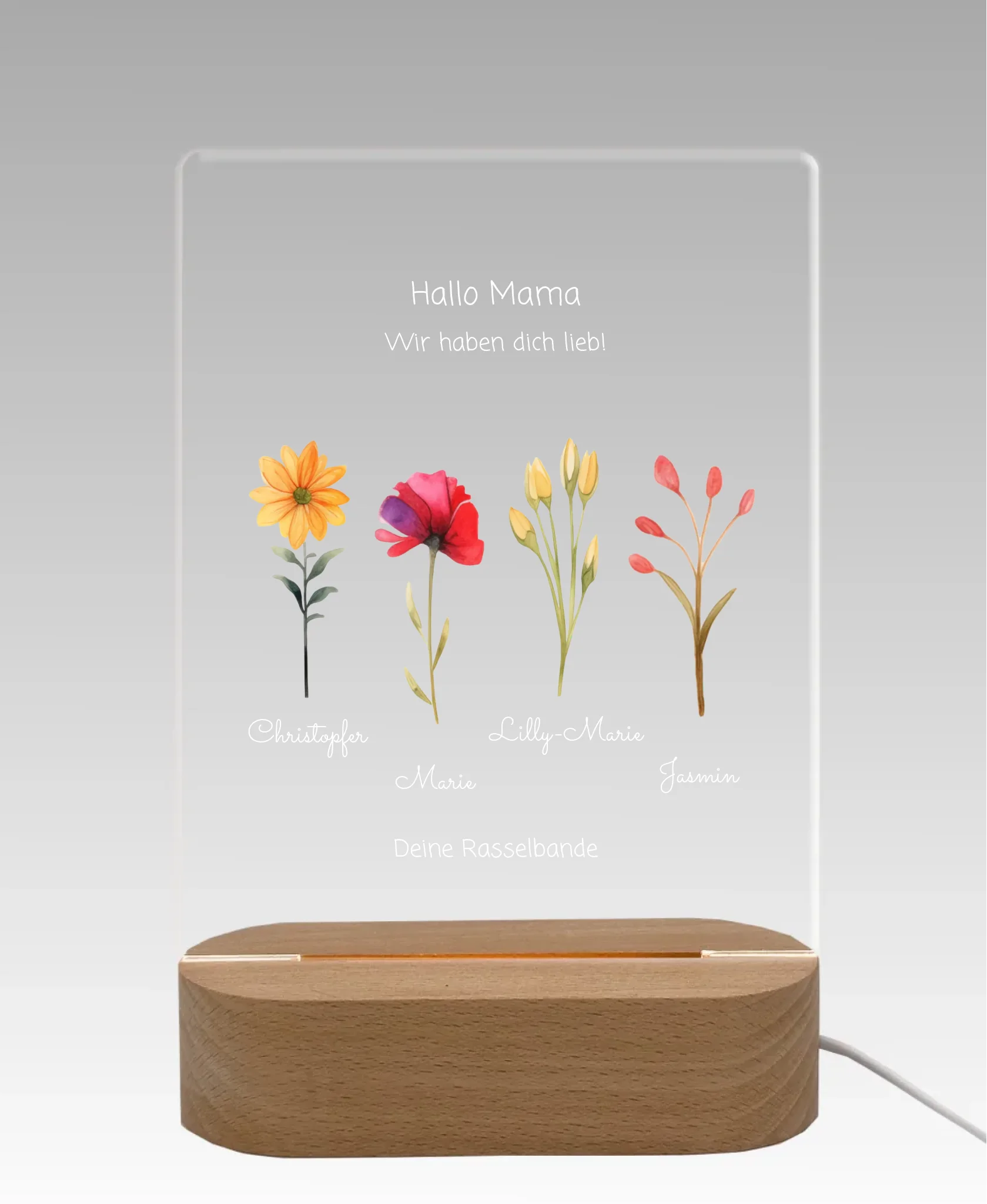 Individuelles LED-Dekolicht "Mamas/Omas Garten" personalisiert mit Blumen und Kindernamen - für Mama, Ehefrau & Oma
