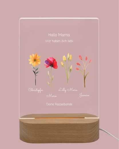 Individuelles LED-Dekolicht "Mamas/Omas Garten" personalisiert mit Blumen und Kindernamen - für Mama, Ehefrau & Oma