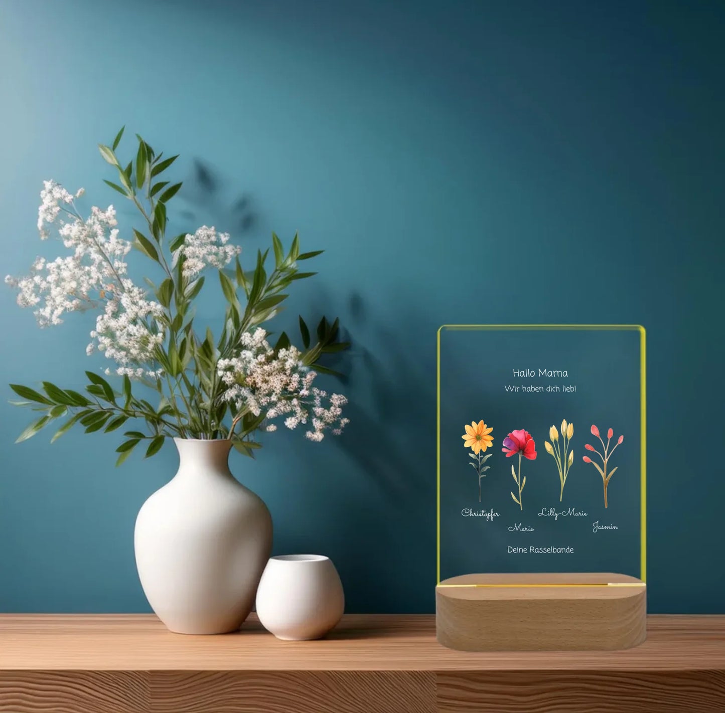 Individuelles LED-Dekolicht "Mamas/Omas Garten" personalisiert mit Blumen und Kindernamen - für Mama, Ehefrau & Oma
