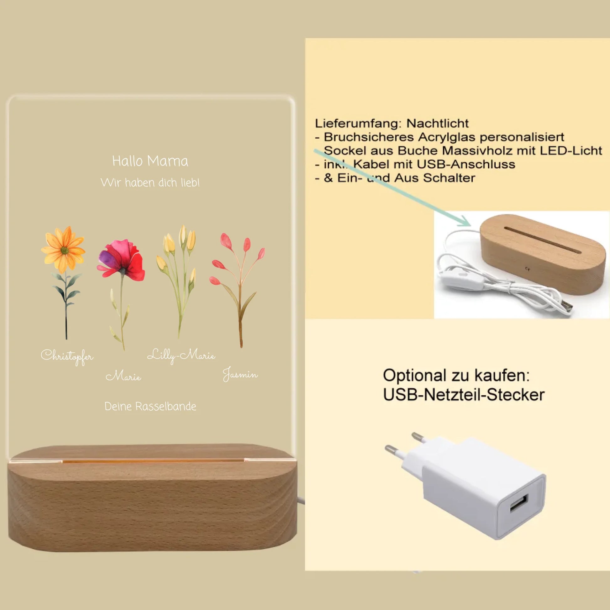 Individuelles LED-Dekolicht "Mamas/Omas Garten" personalisiert mit Blumen und Kindernamen - für Mama, Ehefrau & Oma