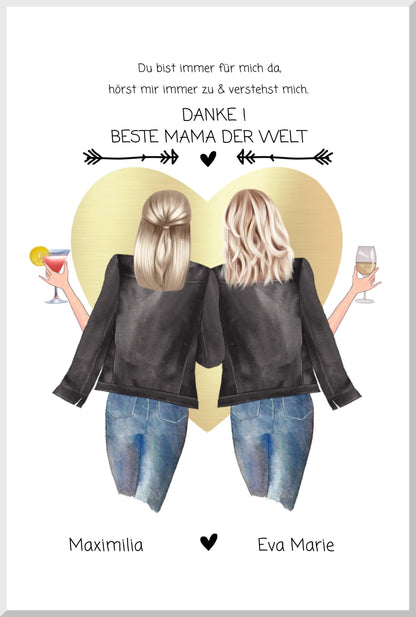 Danke! Beste Mama der Welt - Muttertagsgeschenk personalisiertes Poster - Mutter & Tochter Poster - Mutter Geburtstag Leinwanddruck Leinwandbild