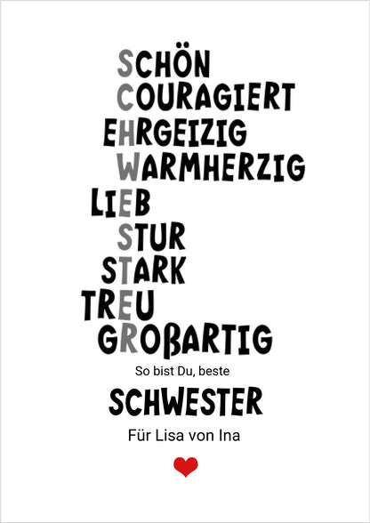 "Definition Schwester" personalisiertes Poster Geschenk Schwester | Bild Geburtstagsgeschenk | Zeitraum-Kunstdrucke Poster Poster