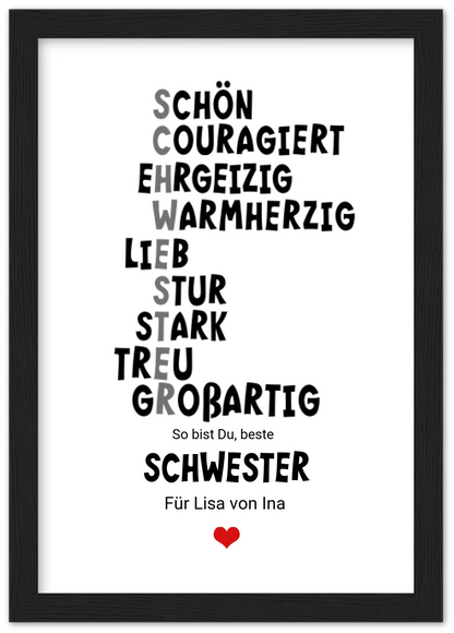 "Definition Schwester" personalisiertes Poster Geschenk Schwester | Bild Geburtstagsgeschenk | Zeitraum-Kunstdrucke Premium Matte Paper Wooden Framed Poster - Black - Vertical Gerahmtes Poster A4 21x29.7 cm