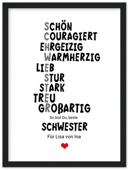"Definition Schwester" personalisiertes Poster Geschenk Schwester | Bild Geburtstagsgeschenk | Zeitraum-Kunstdrucke Premium Matte Paper Wooden Framed Poster - Black - Vertical Gerahmtes Poster