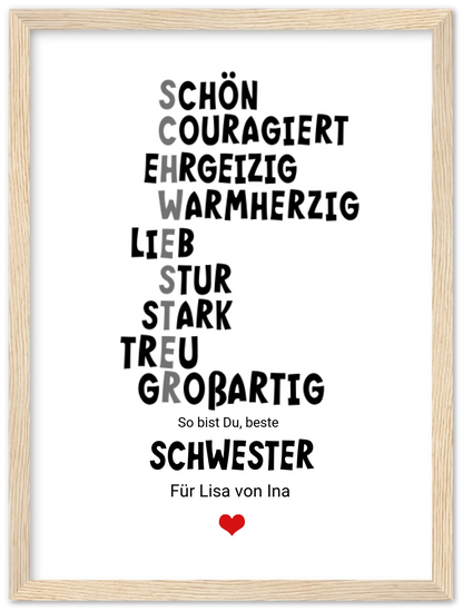 "Definition Schwester" personalisiertes Poster Geschenk Schwester | Bild Geburtstagsgeschenk | Zeitraum-Kunstdrucke Premium Matte Paper Wooden Framed Poster - Wood - Vertical Gerahmtes Poster
