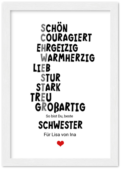 "Definition Schwester" personalisiertes Poster Geschenk Schwester | Bild Geburtstagsgeschenk | Zeitraum-Kunstdrucke Premium Matte Paper Wooden Framed Poster - White - Vertical Gerahmtes Poster A4 21x29.7 cm