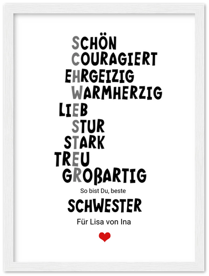 "Definition Schwester" personalisiertes Poster Geschenk Schwester | Bild Geburtstagsgeschenk | Zeitraum-Kunstdrucke Premium Matte Paper Wooden Framed Poster - White - Vertical Gerahmtes Poster