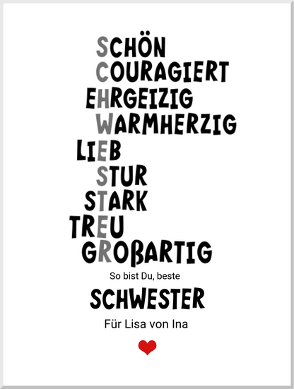 "Definition Schwester" personalisiertes Poster Geschenk Schwester | Bild Geburtstagsgeschenk | Zeitraum-Kunstdrucke Leinwanddruck Leinwandbild