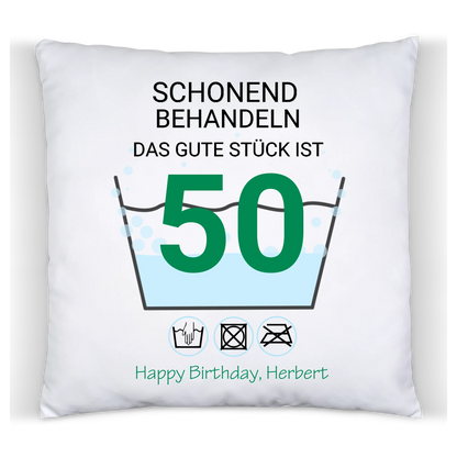 50. Geburtstag Geschenk Kissen personalisiert | Schonend Behandeln | Das gute Stück ist 50 Jahre | Geschenk Frau Mann Geburtstagsgeschenk Satinkissen Satinkissen 40x40cm