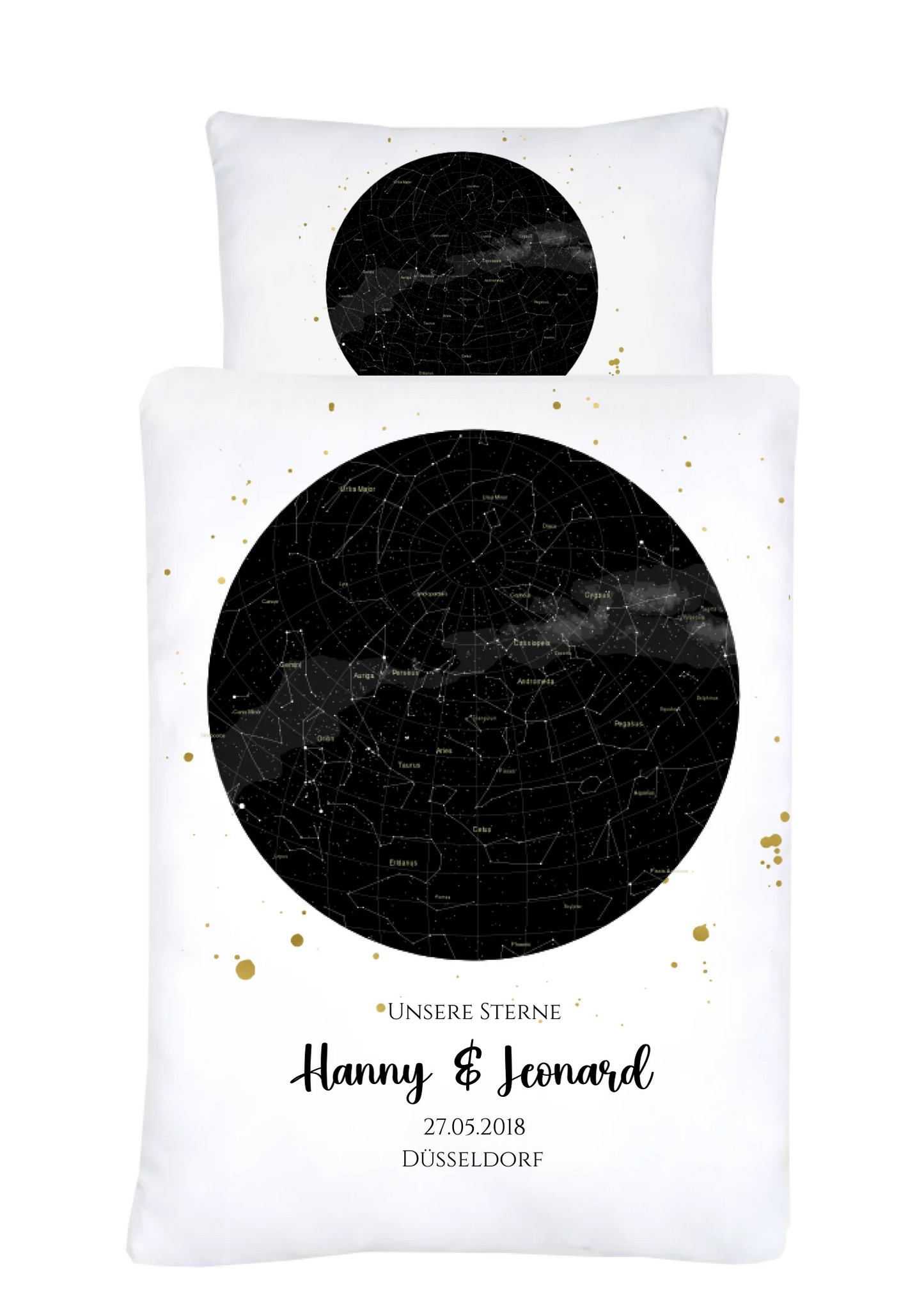Hochzeitsgeschenk Just Married | Personalisierter Bettbezug Kreis | Geschenk zur Hochzeit, Valentin, Liebe im Sternkarte/Sternenhimmel Design