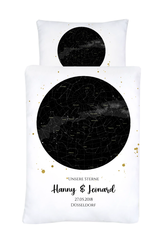 Hochzeitsgeschenk Just Married | Personalisierter Bettbezug Kreis | Geschenk zur Hochzeit, Valentin, Liebe im Sternkarte/Sternenhimmel Design