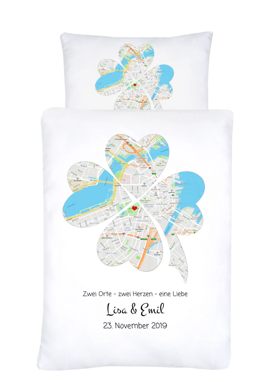 Hochzeitsgeschenk Just Married | Personalisierter Bettbezug Glücksklee Motiv | Geschenk zur Hochzeit, Valentin, Liebe im Koordinaten Stadtkarte Design