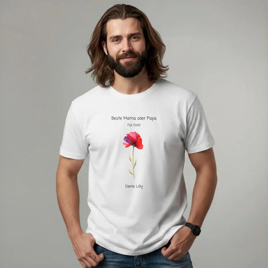Mama T-Shirt oder Papa T-Shirt - Personalisiertes Geschenk mit 1-6 Kindern als Blume mit Kindername