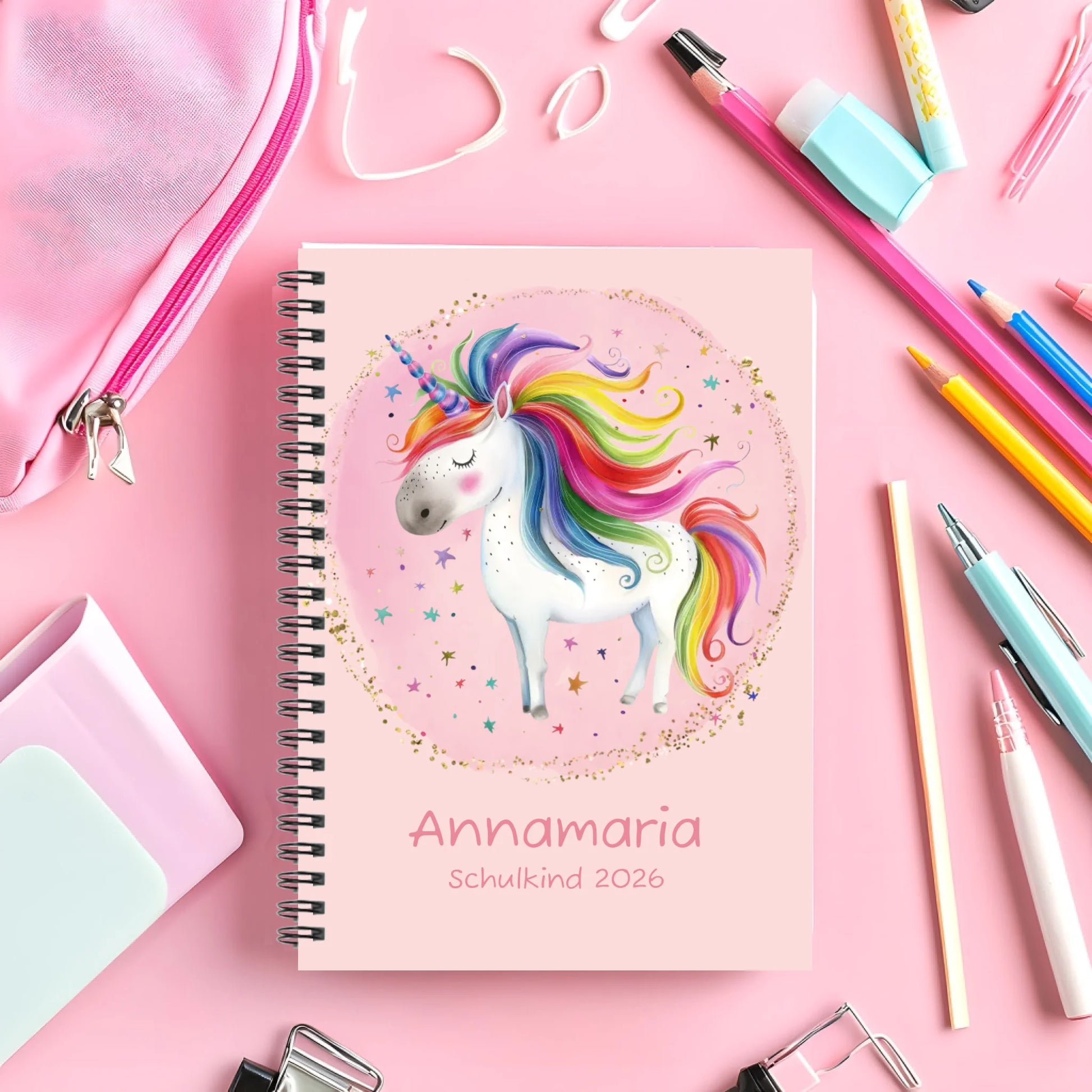 Personalisierter Collegeblock für Kinder- Einhorn - Hausaufgabenheft - Schulbeginn - Geschenk Einschulung