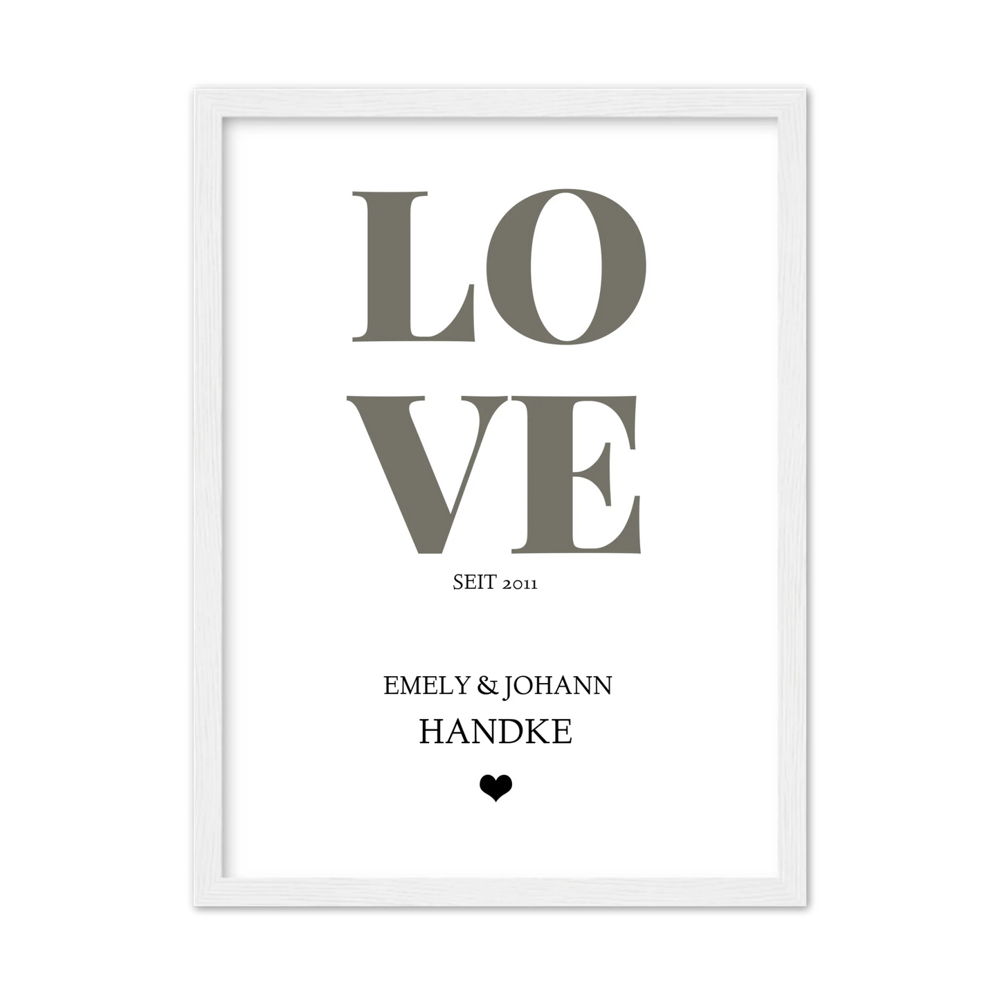 LOVE Poster personalisiert mit Name und Datum Gerahmtes Poster weiß Holzflair Weiß