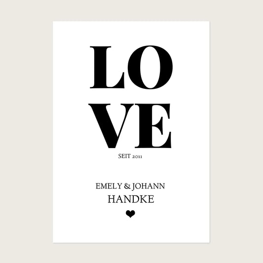LOVE Poster personalisiert mit Name und Datum Poster als romantische Wandbild und Geschenkidee für den Partner/Partnerin.