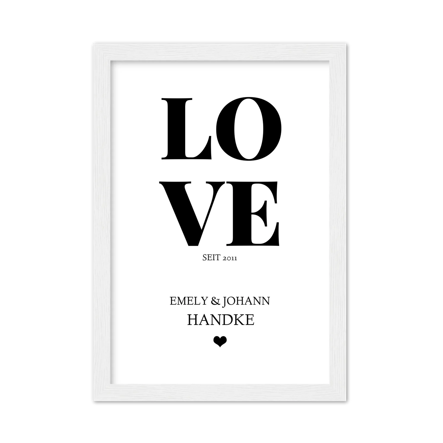 LOVE Poster personalisiert mit Name und Datum Gerahmtes Poster weiß Holzflair Weiß