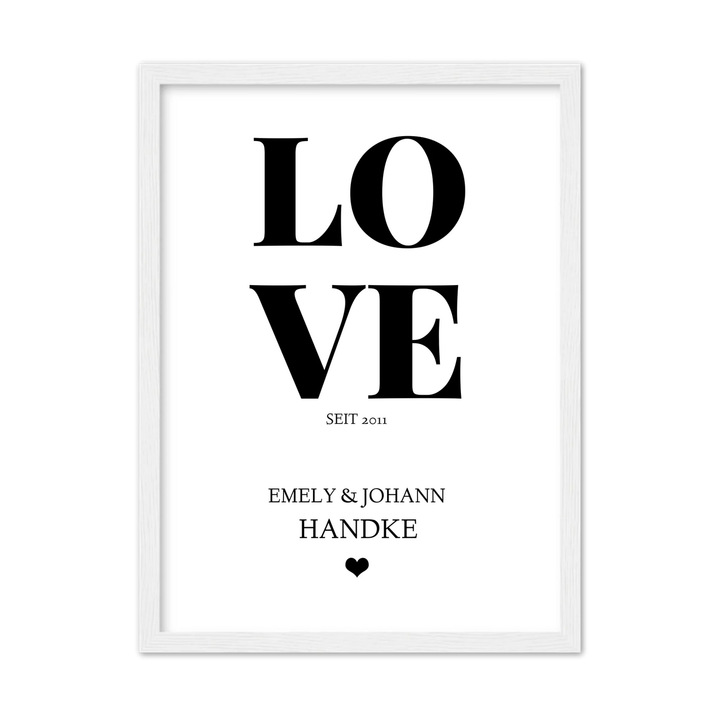 LOVE Poster personalisiert mit Name und Datum Gerahmtes Poster weiß Holzflair Weiß