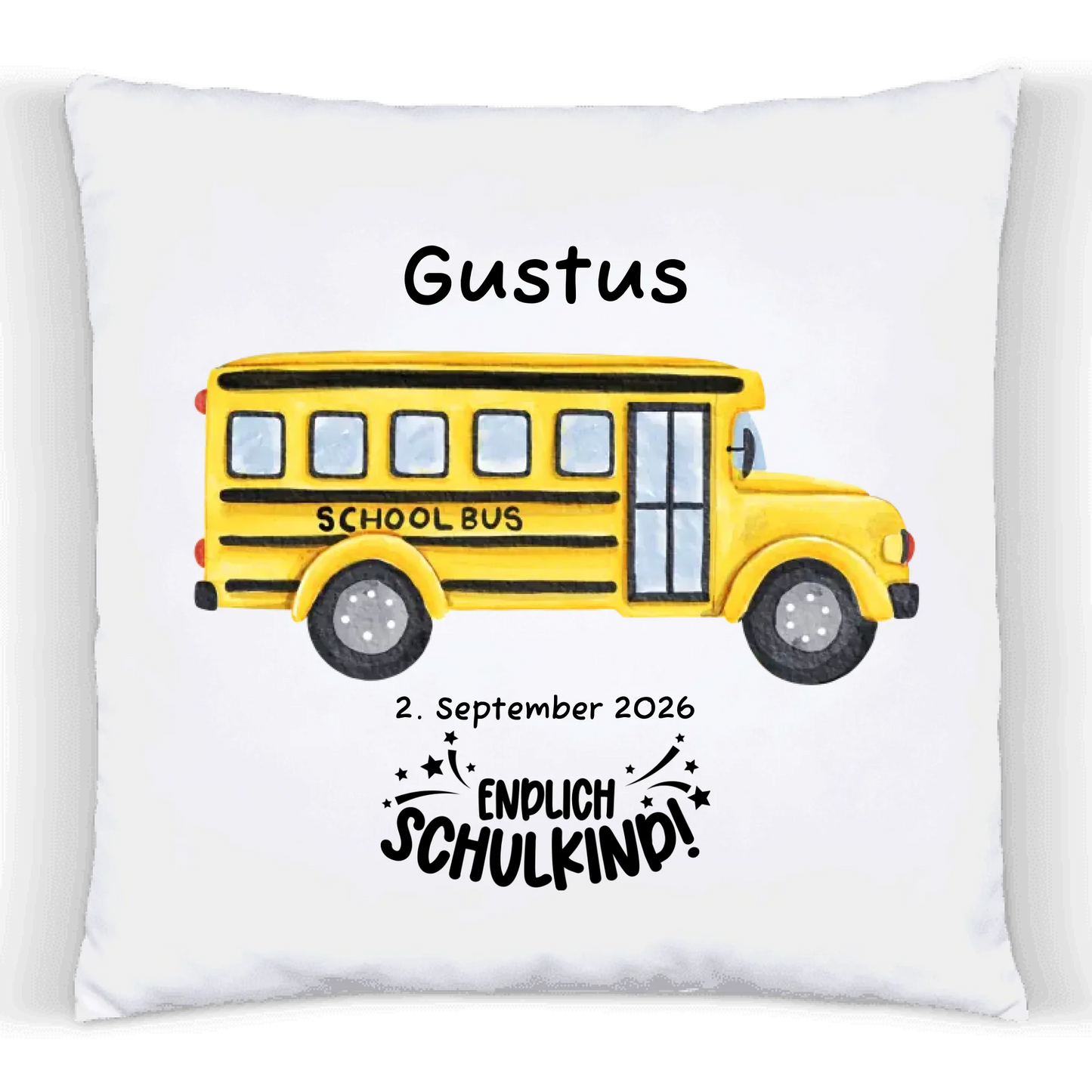 Personalisiertes Kissen zur Einschulung mit Füllung – Schulbus Premium Kissen (Plüschoberfläche) Premium Kissen