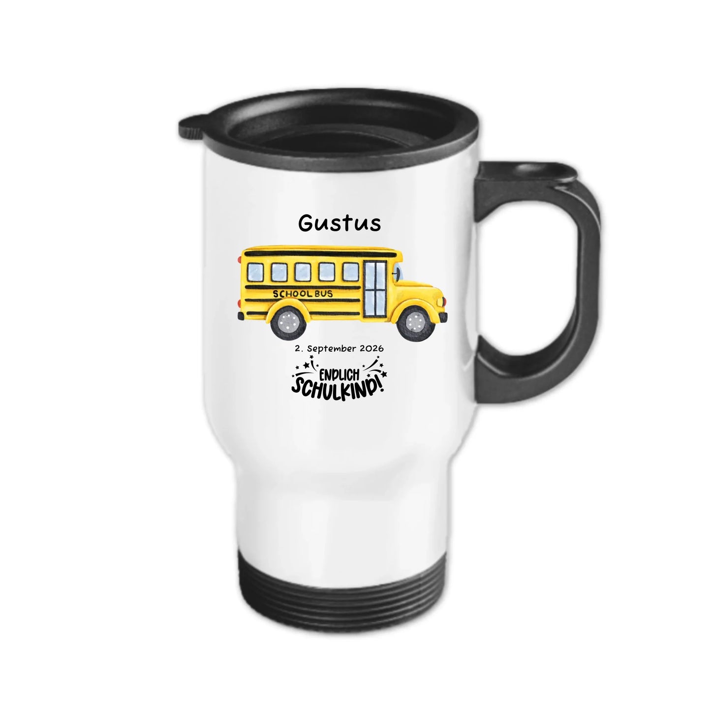 Einschulung Geschenk Schulkind Schulbus Edelstahl Kinderbecher mit Name | Geschenk Einschulung & Geburtstag | Edelstahl-Thermobecher Edelstahl-Thermobecher weiß 390 ml