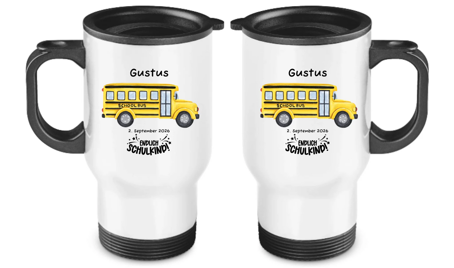 Einschulung Geschenk Schulkind Schulbus Edelstahl Kinderbecher mit Name | Geschenk Einschulung & Geburtstag | Edelstahl-Thermobecher