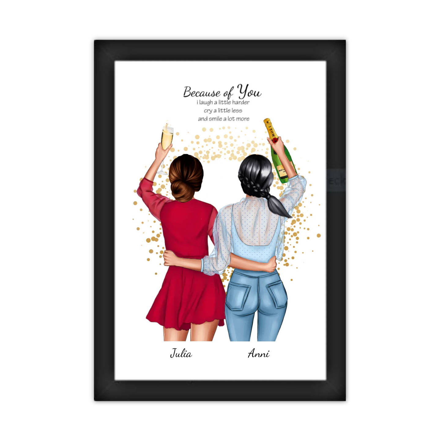 Poster 2 Beste Freundinnen – Personalisiertes BFF Geschenk mit Namen & Spruch Gerahmtes Poster schwarz Holzflair Schwarz