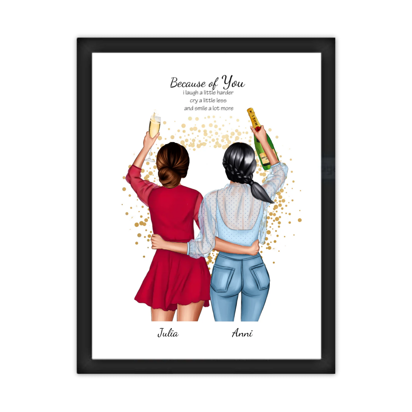 Poster 2 Beste Freundinnen – Personalisiertes BFF Geschenk mit Namen & Spruch Gerahmtes Poster schwarz Holzflair Schwarz