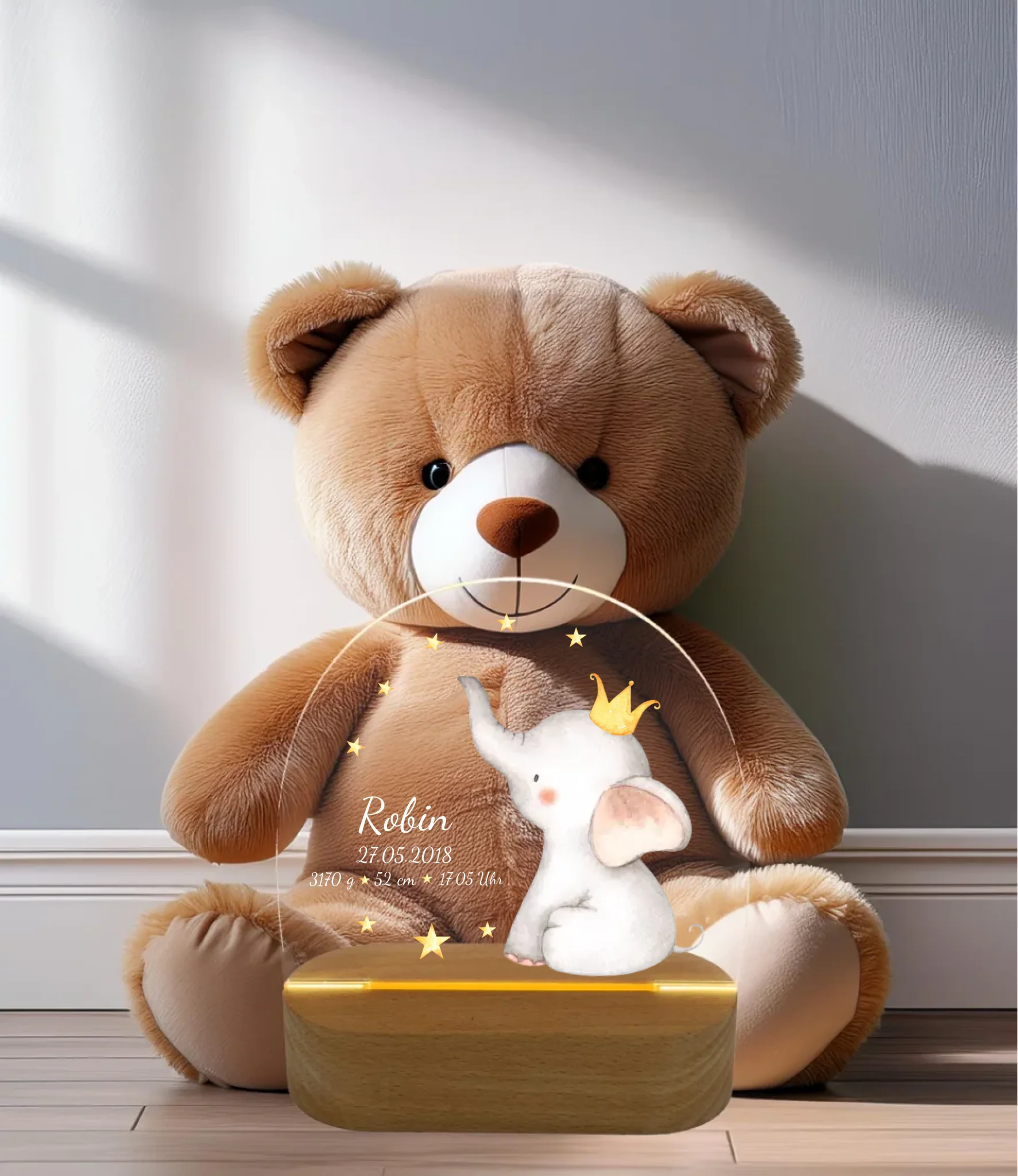 Personalisiertes Baby & Kinder LED Nachtlicht Elefant mit Geburtsdaten Geburtsgeschenk & Taufgeschenk Junge