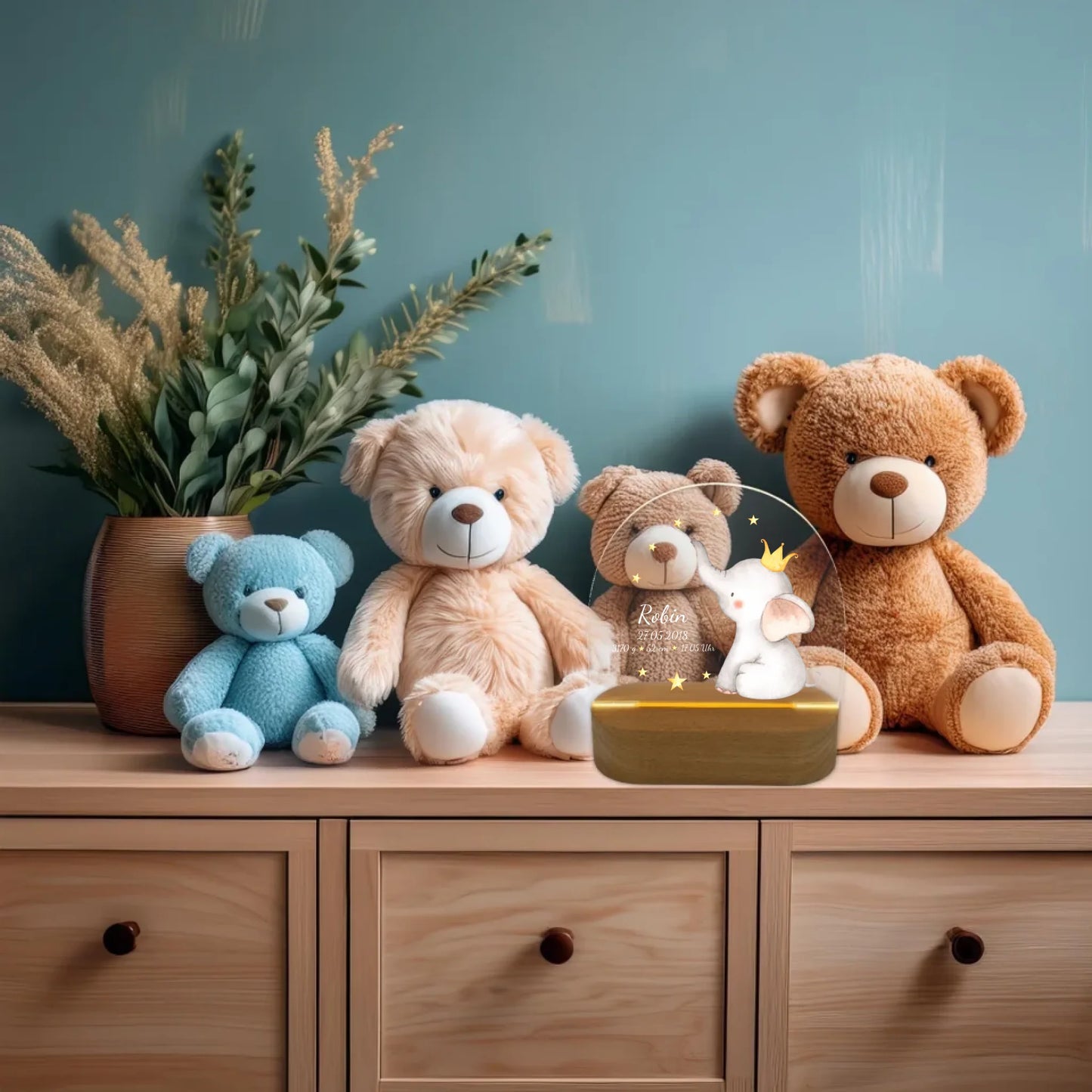 Personalisiertes Baby & Kinder LED Nachtlicht Elefant mit Geburtsdaten Geburtsgeschenk & Taufgeschenk Junge