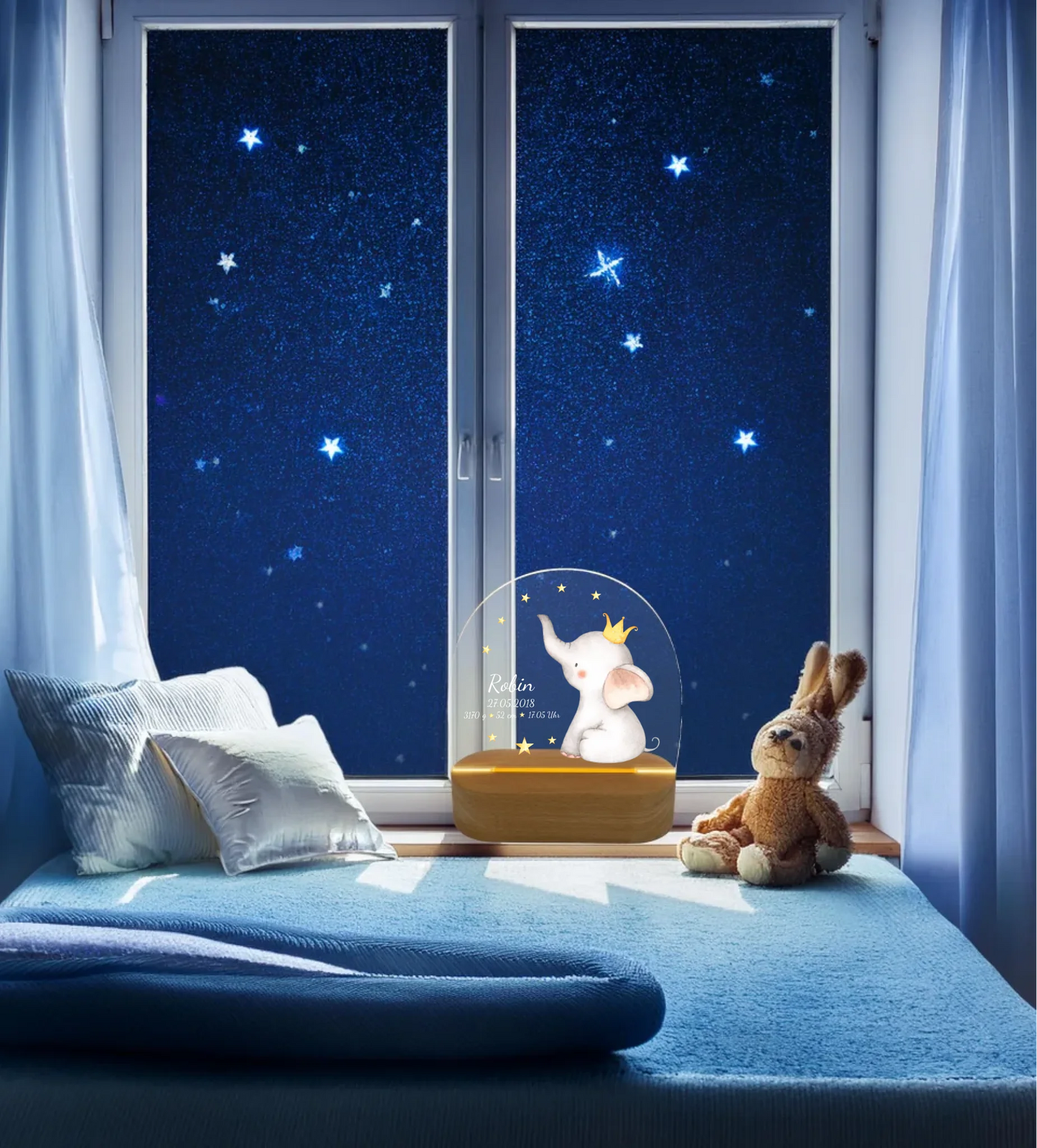 Personalisiertes Baby & Kinder LED Nachtlicht Elefant mit Geburtsdaten Geburtsgeschenk & Taufgeschenk Junge