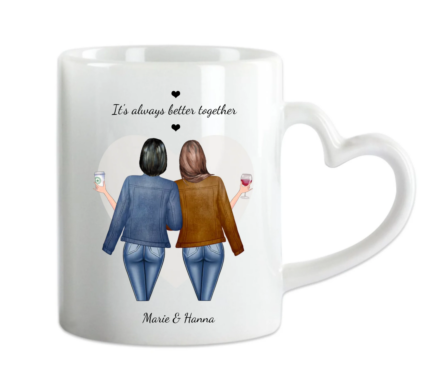 Beste Freundin Tasse mit 2 Freundinnen - für Schwester,Mama, Cousine, Kollegin Herzhenkeltasse Default Mug Classic - Panorama