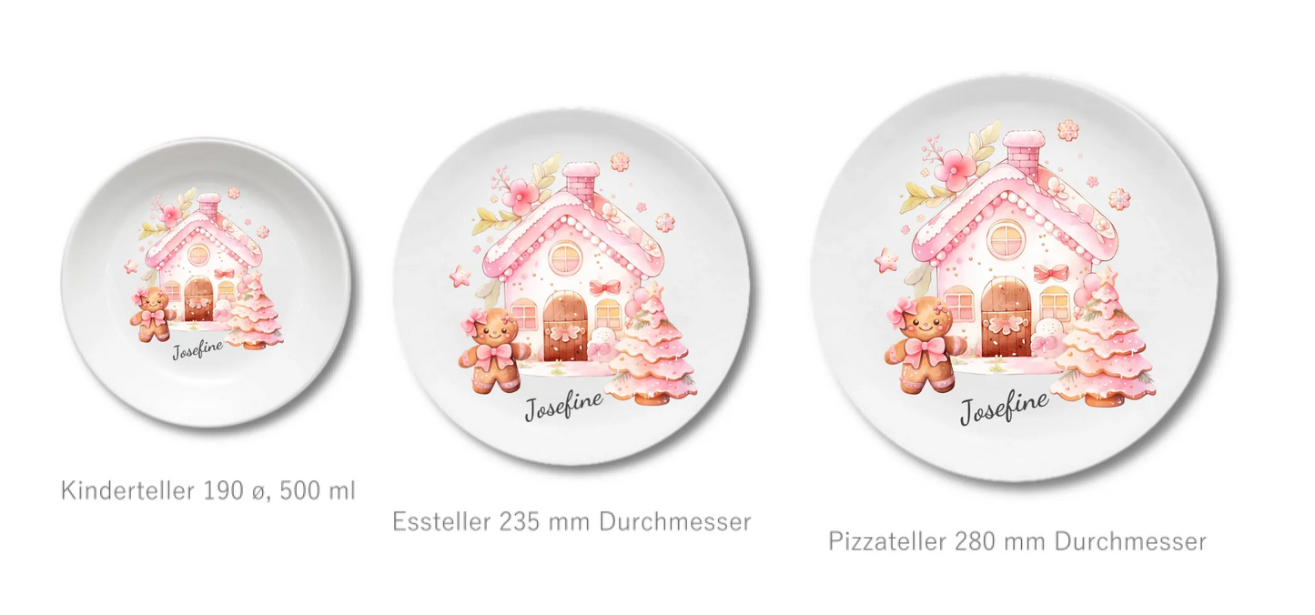 Kinderteller Lebkuchenhaus - Weihnachtsteller mit Namen personalisiert, Kindergeschirr pink