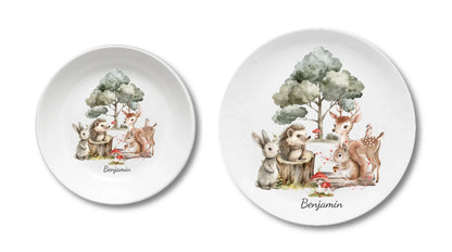 Personalisiertes Kindergeschirr - Kinderteller mit Waldtiere und Namen Teller personalisiert Kinderteller + flacher Teller 190mm Ø + 235mm Ø - nur innerhalb Deutschland lieferbar