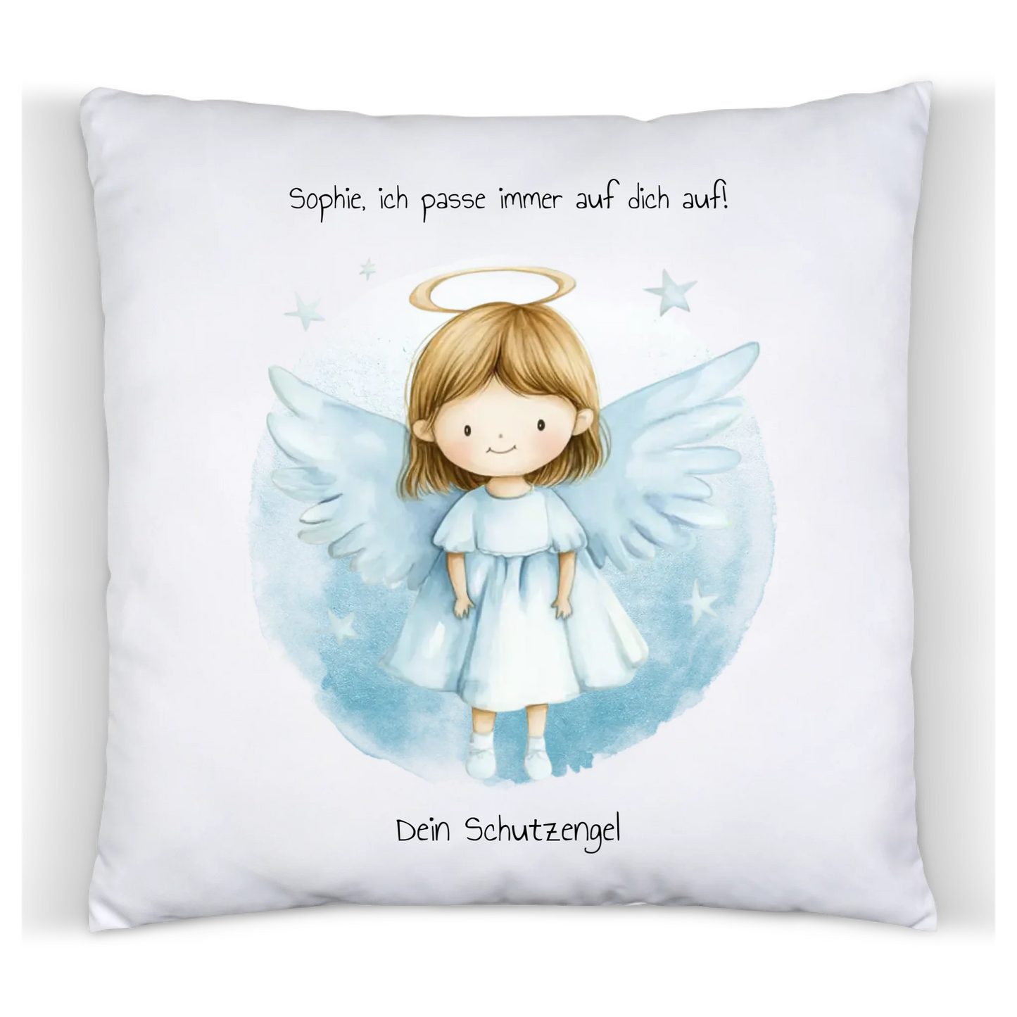 Schutzengel Deko Kissen mit Namen & Wunschtext - Engel blau