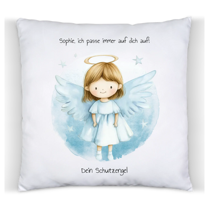 Schutzengel Deko Kissen mit Namen & Wunschtext - Engel blau