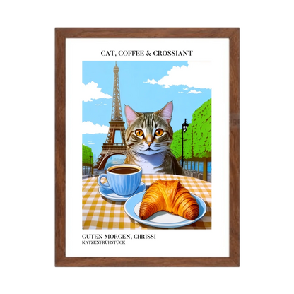 Katzenposter mit Kaffee und Croissant