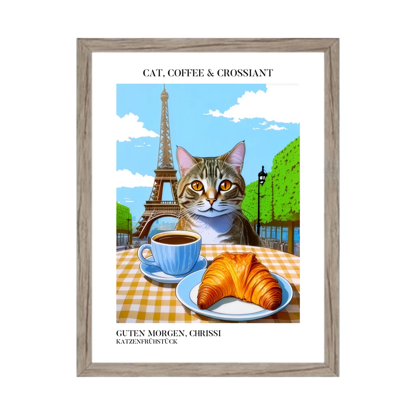 Katzenposter mit Kaffee und Croissant