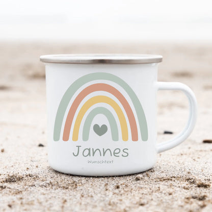 Schulanfang Kindertasse Schulkind 2024 - Emaille Kinderbecher Regenbogen Einschulung mit Namen personalisiert - Einschulungsgeschenk