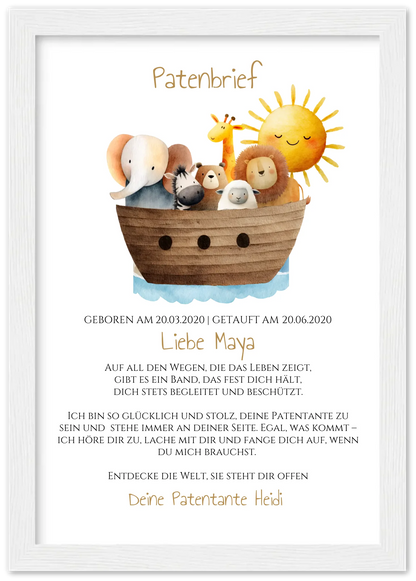 Patenbrief von Patentante / Patenonkel Arche Noah Premium Matte Paper Wooden Framed Poster - White - Vertical Gerahmtes Poster