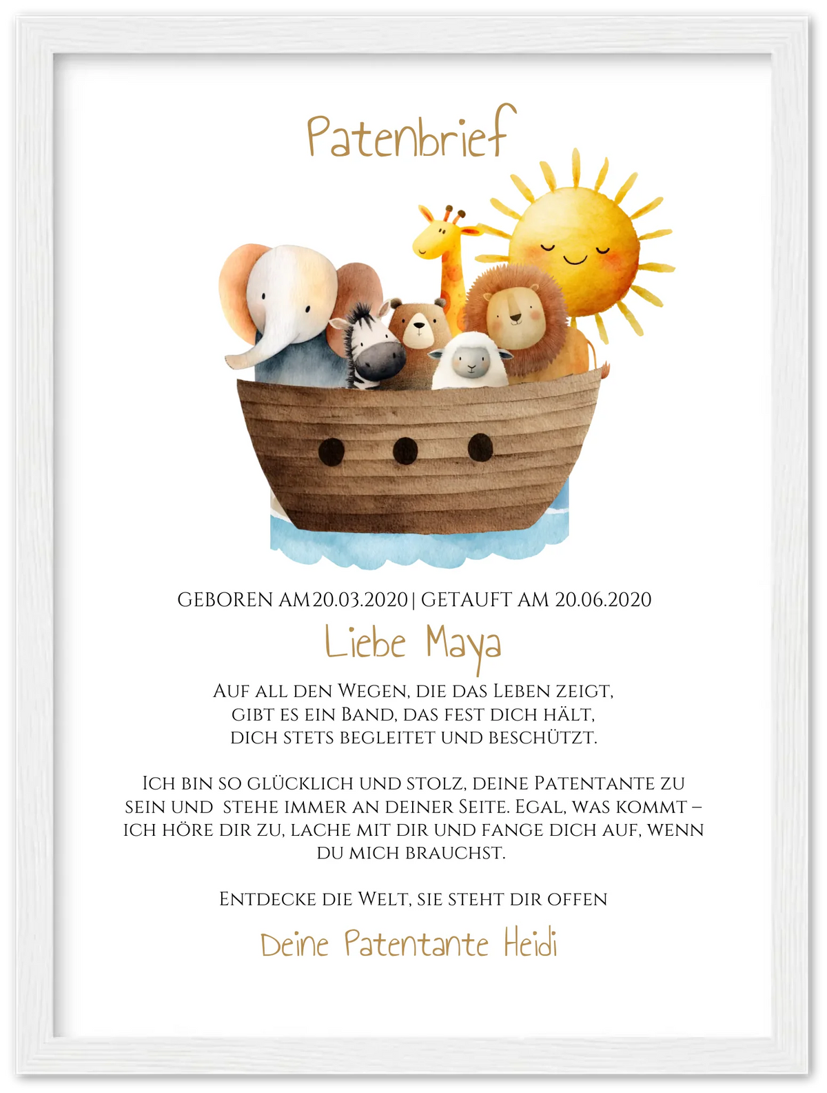 Patenbrief von Patentante / Patenonkel Arche Noah